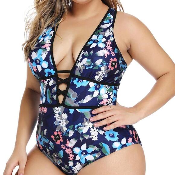 Plus Size Rosa Floral Print One Piece Swimsuit,Plunge Neckline Swimwear 3XL - Picture 4 of 4